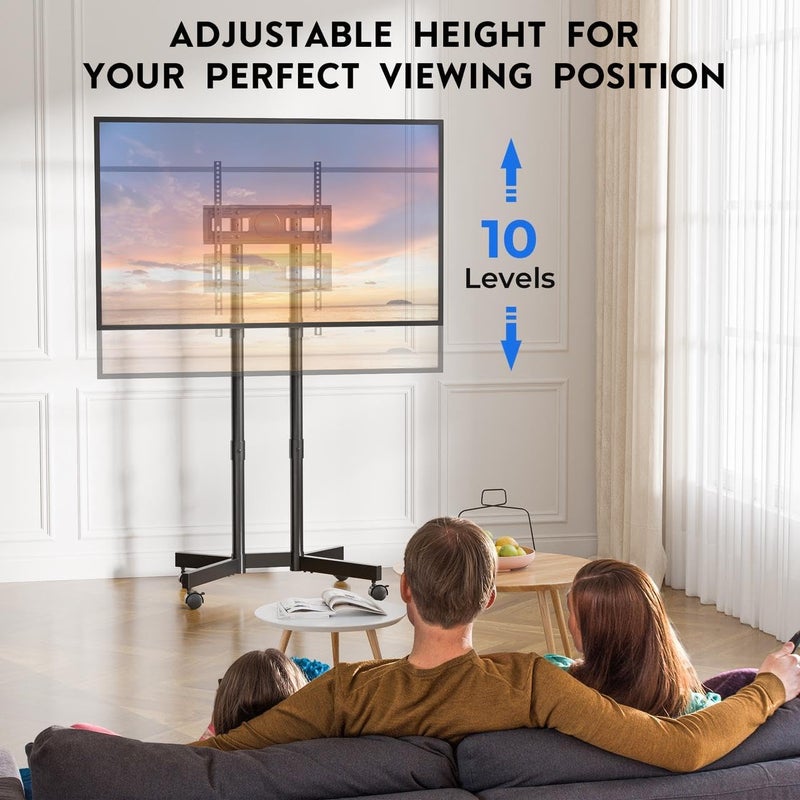 BONTEC Rolling TV Stand for 32-75 Inch TVs, Height Adjustable Mobile TV Cart on Wheels, Heavy Duty TV Stand Supports Up to 110lbs, Stable Dual-Column Design, Cable Management, Indoor, Outdoor - Image 3